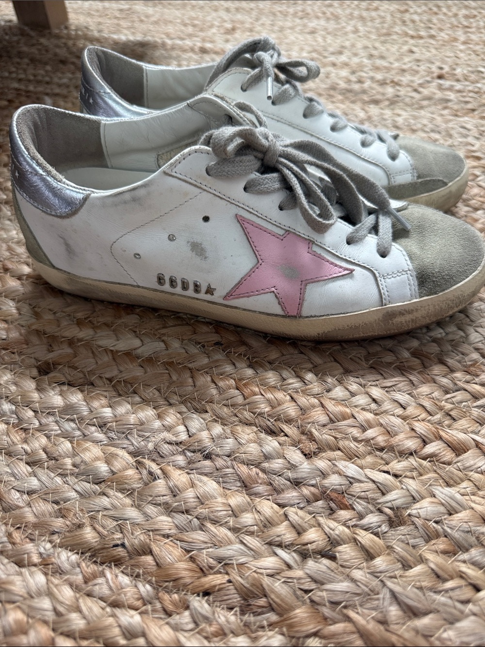 Golden Goose White Leather Sneakers with Pink Star and Gray Suede Toe